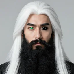 white hair and a long black beard, one green eye and one black eye, a head that's way too big for his body, and no nose due to the fact that it was chopped