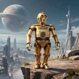 a photograph of c-3p0 as a Jedi, standing on the edge of a cliff, overlooking a futuristic city planet.