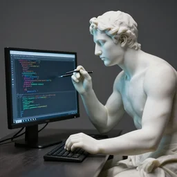 “A marble statue of a programmer debugging code”