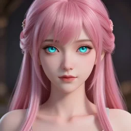 stunningly beautiful omnipotent anime goddess with smooth porcelain skin, pink hair and mesmerizing cyan eyes, symmetrical, frog's perspective, unreal engine 5, 8 k