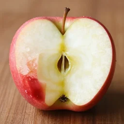 an apple cut into two equal-sized pieces, one piece is red and one is white