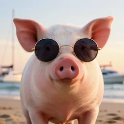 a closeup photorealistic photograph of a stylish piggy wearing round eye sunglasses at the beach during sunset. A yacht in the background. This 4K HD image is Trending on Artstation, featured on Behance, well-rendered, extra crisp, features intricate detail and the style of Unreal Engine.