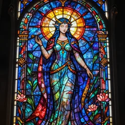 Photorealistic stained glass monument of an elvish godess. Hyperdetailed photorealism, 108 megapixels, amazing depth, glowing rich colors, powerful imagery, psychedelic Overtones, 3D finalrender, 3d shading, cinematic lighting, artstation concept art