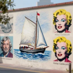 balmy, melancholic crayon art, depth of field by willem kalf, by andy warhol, by randolph caldecott. a beautiful street art of a sailboat sailing on a sea of clouds, with a rainbow in the background. the sailboat is crewed by a group of monkeys, & the sails are billowing in the wind.