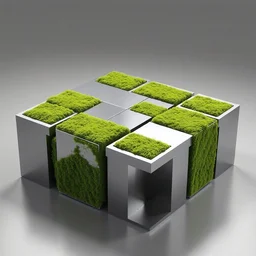 a modern table made of rectangle tetris, made of silver steel and moss, octane render, trending on artstation