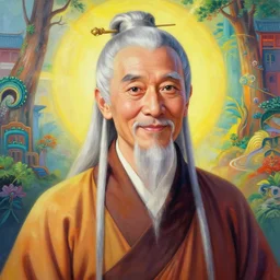 portrait painting of a 9 0 year old kind handsome taoist priest, big eyes, deep silhouette ， looks like zac efron ， silver ponytail hair, amiable by yangjun chen ，, nadar, bright colors, octopath traveler, unreal engine 5 highly rendered, global illumination, radiant light, detailed and intricate environment