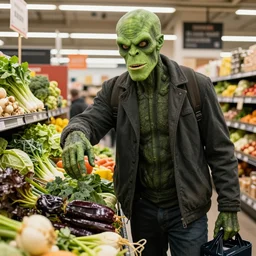 cthulhu shopping for vegetables in the style of martin lewis