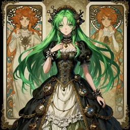 beautiful green hair anime woman victorian dress, steampunk, fantasy, eerie, intricate details, pixiv, digital painting, artstation, concept art, 8 k, art by artgerm, loish and alohonse mucha and eiichiro oda