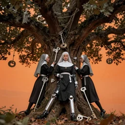 hyperrealistic hyper detailed 35mm portrait of cyborg nuns tangled into a giant oak tree matte painting concept art key sage jeff koons very dramatic orange lighting low angle hd 8k sharp shallow depth of field