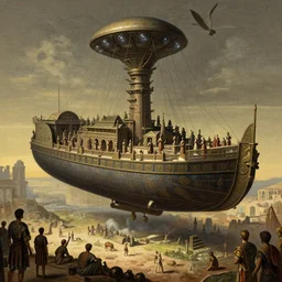 gigantic extraterrestrial ship landed on  the kingdom of Julius Caesar, roman historic works in brand new condition, not ruins, hyper-detailed, artstation trending, world renowned artists, historic artworks society, antique renewel, good contrast, realistic color ,cgsociety, by greg rutkowski,gustave dore, Deviantart