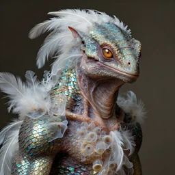 close up portrait of an mutant monster creature with proud, reptilian allure, iridescent scales, dovish feathers, diaphanous fungic protuberances. jan van eyck, walton ford
