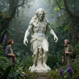 a classical marble statue of an eldritch cthulhu in a lush dense verdant garden by albert bierstadt and anton fadeev and ferdinand knab, horror, lovecraftian, mist, hyperrealism, volumetric lighting, god rays, ultrafine details, sfumato, purple flowers, overgrown