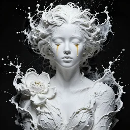 a wide portrait of a beautiful girl, porcellaine skin with golden tears, dramatic lighting, splashy intricate thick paint texture on the face and body, intricare abstract flower arrangement, white and black textures