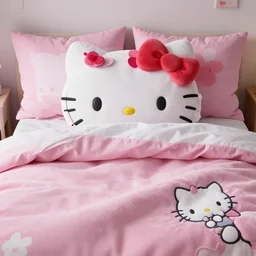a comfortable bed with big pillows and hello kitty blankets, realistic, 8 k, extremely detailed, cgi, trending on artstation, hyper - realistic render, 4 k hd wallpaper, premium prints available, by greg rutkowski