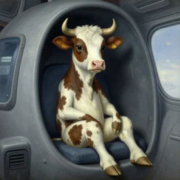 an alien that looks like a cow, seated in spaceship, matte painting, by isaac levitan and asher brown durand,