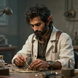 Portrait of Indian Scruffy haired male biopunk scientist with elven ears, He is working on trinkets on a table, realistic, detailed, 4k by Greg Rutkowski Mark Arian trending on artstation