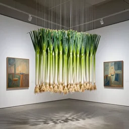 a leek installation hanging in an art gallery