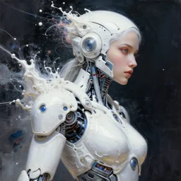 a beautifull white cast futuristic biomechanical humanoid woman in power armor side portrait with pretty face in intricate detailed color smashing fluid oilpaint, melting wax, thin fractal tendrils, futuristic digital painting, cyberpunk, 8 k, hyper detailed, octane render, concept art, by peter mohrbacher, by wlop, by ruan jia,