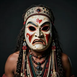 portrait of a hopi sorcerer wearing a scary mask and many necklaces, angry look, dark background, studio light, hdr, nikon 2 4 mm f / 1. 8 g, by sebastiao salgado