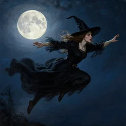 attractive male witch magically flying trough the night, fantasy, full moon in background. highly detailed painting by gaston bussiere, craig mullins, j. c. leyendecker, mid shot, 8 k