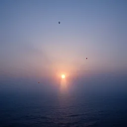 thousand tiny hot hair ballon at the horizon flies above the sea, beautiful colored light, HDR, hazy, foggy, atmospheric perspective, volumetric fog, cinematic, 35mm lens, anamorphic lens flare, photographic, cinematography by roger deakins, in the style of ansel adams, low details,
