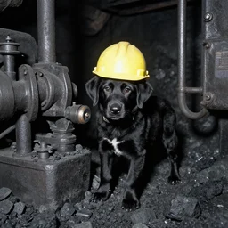 black puppy working in a coal mine industrial equipment, wearing hard hat, photo from 1 9 9 8,