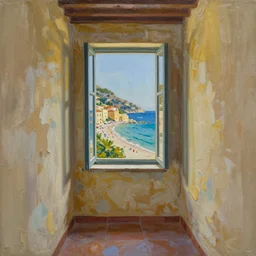 impasto relief painting of a old corridor with a window through which can be seen a beautiful italian beach scene, claire tabouret