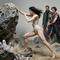 highly detailed photography of a strong women fighting with rocks, crystals, dust particles sharp focus, dramatic scene, aesthetic, dynamic lighting, elegant, harmony, masterpiece, by jenny saville, by ben aronson, by james jean, by roberto ferri, by jeremy mann, by lucian freud, by kent williams, high quality