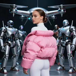 beautiful michelin man portrait, natalie portman, back facing, wearing oversized pink puffy bomber jacket and white leotard, futuristic chrome drones, ultra realistic, dramatic lighting, robots, tron legacy artifacts, highly detailed by peter mohrbacher, hajime sorayama, wayne barlowe, boris vallejo, aaron horkey, gaston bussiere, craig mullins