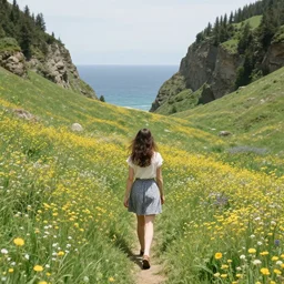 girl! walking thru the valley of flowers! near the sea! of dreams by quentin mabille