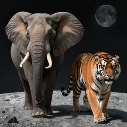 A hyper real comic book style portait painting of an elephant and a tiger walking on the moon, unreal 5, hyperrealistic, octane render, cosplay, RPG portrait, dynamic lighting