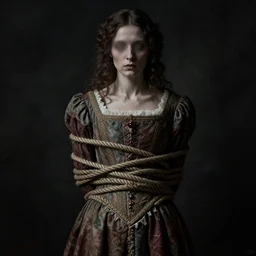 dark schizophrenia portrait, death not dresses body woman in medieval dress, strangled with rope, blur face, victorian style, high detail