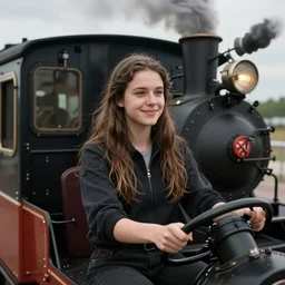 young female steam train driver, smiling, digital portrait by greg rutkowski, intricate, soft focus, highly detailed, cinematic, epic, artstation