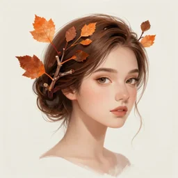 A beautiful digital painting of a woman with twigs, orange and brown leaves for hair, trending on artstation