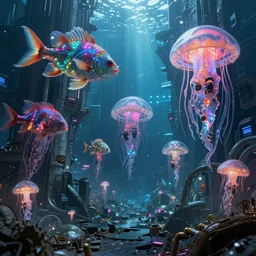 hyperrealistic sharp cinematic underwater dystopian futurist city ruins with giant bioluminescent multicolored mutant fish and cyborg jellyfish, digital art masterpiece, aykut aydogdu eric zener, very dramatic volumetric light, long shot, ground angle uhd 8 k, deep focus