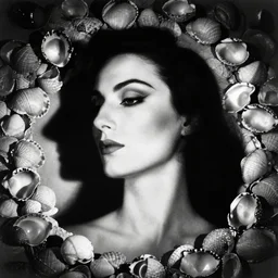 “Portrait of a femme fatale surrounded of sea shells. Shadow and light. Abstract. Surrealist. Geometry. Black and white. Side lighting. Photography by Dora Maar. 1934”