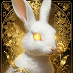 hyper advanced alien evolved from white rabbit, sci fi, glowing eyes, volumetric lights, gold theme, art nouveau botanicals, intricate, highly detailed, digital painting, artstation, concept art, smooth, sharp focus, cinematic, illustration, beautiful face, art by artgerm and greg rutkowski and alphonse mucha