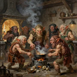 d & d art painting featuring a group of rude goblins cooking frantically in a medieval kitchen