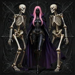 full body picture of a female steampunk necromancer her two robotic skeletons,, skintight black clothes, dark purple cape, cute, black skin, pink straight hair, high fantasy, black metal fractal filled background, ornamental, intricate, dnd, highly detailed, two arms, detailed face, smooth, sharp focus, digital painting, by artgerm and greg rutkowski and alphonse mucha
