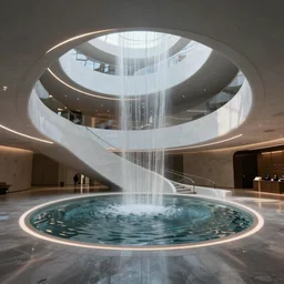 extremely detailed stunning curvilinear museum interior with water centered sculpture piece and led strips