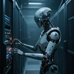 anthropomorphic cyborg working in sci - fi server room. cinematic shot from alien isolation