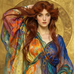 close up portrait shot of a beautiful woman wearing flowing colourful clothes, alphonse mucha, rhads, ross tran, artstation, artgerm, octane render, 1 6 k