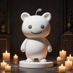 a white marble statue of the reddit snoo mascot in a darkened room surrounded by lit candles