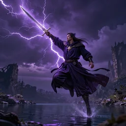 hyper realistic wizard holding a sword that’s pointed towards the sky, getting shocked by purple lightning, levitating over a lake, octane, trending on artstation, hyper realistic, highly detailed, unreal engine, amazing depth of field, 8k