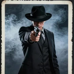 mysterious man in black suit and black hat, he has a pistol, smoke, fog, mysterious, 4 k, highly detailed, digital art, strong shadows, high contrast, epic scene, atmospheric, blue colours, old photograph