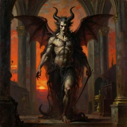 baroque oil painting of satan in church, brutalist, dark fantasy, sunset, rule of thirds, digital cel shading, fake hidden detail, trending on pixiv fanbox