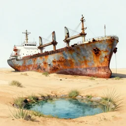 an abandoned rusty cargo freighter in the desert, in the foreground a small oasis. extremely detailed line art and watercolor by kim jung gi