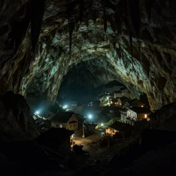 looking into a deep cavern, ominous, scary, lights, subterranean town