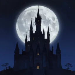 science fiction castle at night sillhouetted against a large moon on a strange planet by michael whelan and james gurney, trending on artstation