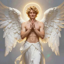 fullbody portrait of a beautiful young fit male angel with curly blond hairs, soft smile, closed eyes, blessing palms, dressed in fluent skirt, majestic symmetrical eagle wings, luminous halo, by greg rutkowski and alphonse mucha, gradient white to gold, in front of an iridescent background, highly detailed portrait, digital painting, smooth, focus illustration